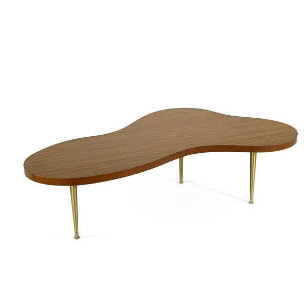 T.H. ROBSJOHN GIBBINGS; WIDDICOMB: Cloud coffee table, USA, 1950s; Laminate, walnut and brass; Labeled; 16" x 54" x 30"