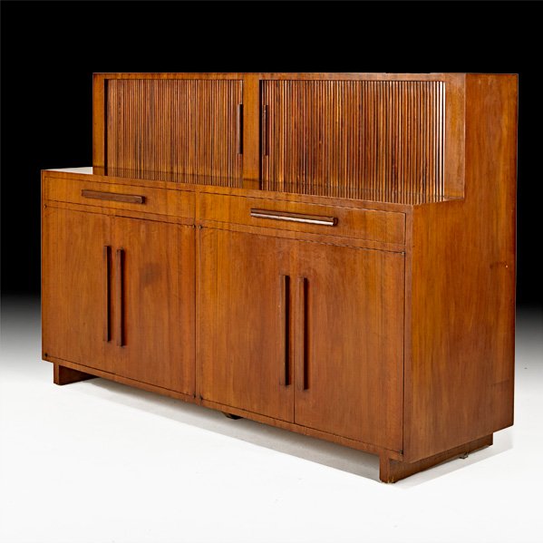 T.H. ROBSJOHN GIBBINGS: Cabinet, Grand Rapids, MI, 1940s; Mahogany; John Stuart metal label; 48 1/4" x 72" x 21 1/2"