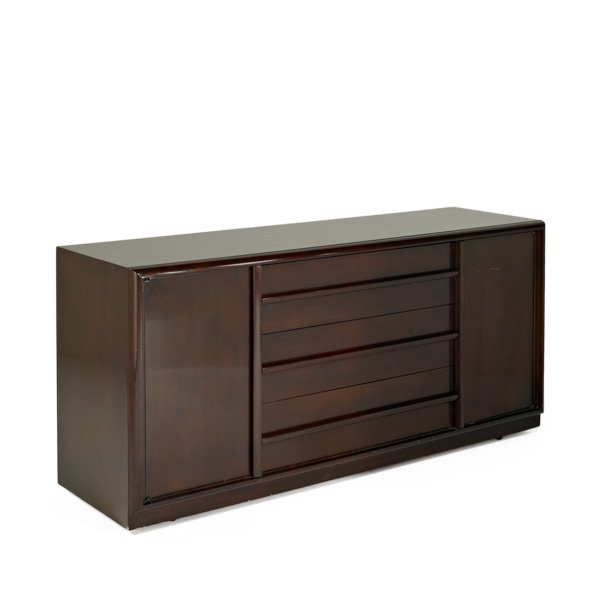 T.H. ROBSJOHN GIBBINGS; WIDDICOMB: Mahogany cabinet, USA, 1940s; Labeled; 31 1/2" x 67 1/2" x 20 1/2"