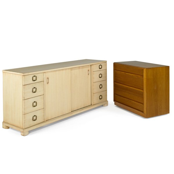 T.H. ROBSJOHN GIBBINGS;WIDDICOMB: Two dressers, USA, 1940s/50s; Lacquered wood, brass and birch; Long dresser marked John Widdicomb, smaller: Widdicomb/ Robsjohn Gibbings decal label; Larger: 32" x 72" x 19 1/2", smaller: 31" x 35" x