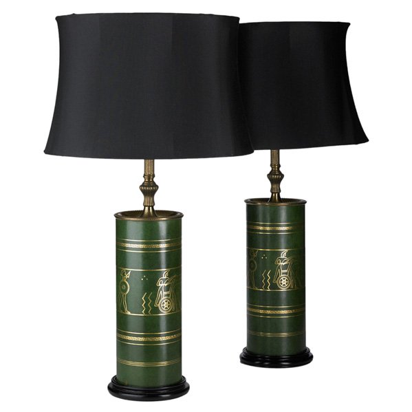 DESIGNER: Pair of tooled and gilt leather table lamps, with warriors and chariots, USA, 1950s; Leather, brass, ebonized wood, glass, silk; Unmarked; Overall: 30 1/2" x 17" dia.