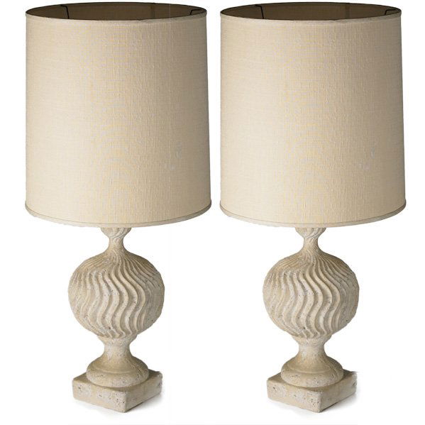 STYLE OF MICHAEL TAYLOR: Pair of table lamps, USA, 1950s; Stone composite, brass, glass, fabric; Unmarked; Overall: 41 1/2" x 19" dia.