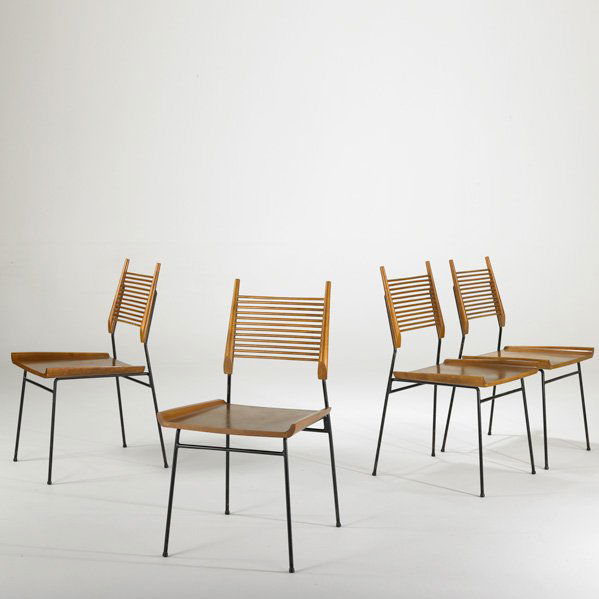 PAUL McCOBB; WINCHENDON: Four Planner Group Shovel Head chairs, USA, 1950s; Maple and enameled iron; Remnants of foil labels; Each: 34" x 18 1/2" x 20"