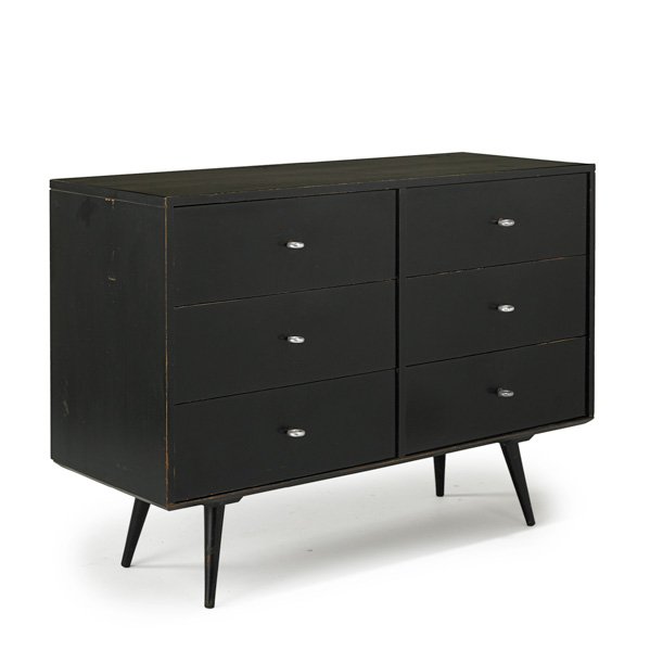 PAUL McCOBB; WINCHENDON: Six drawer dresser and bench, USA, 1950s; Ebonized wood and aluminum; Unmarked; 34" x 48" x 18"