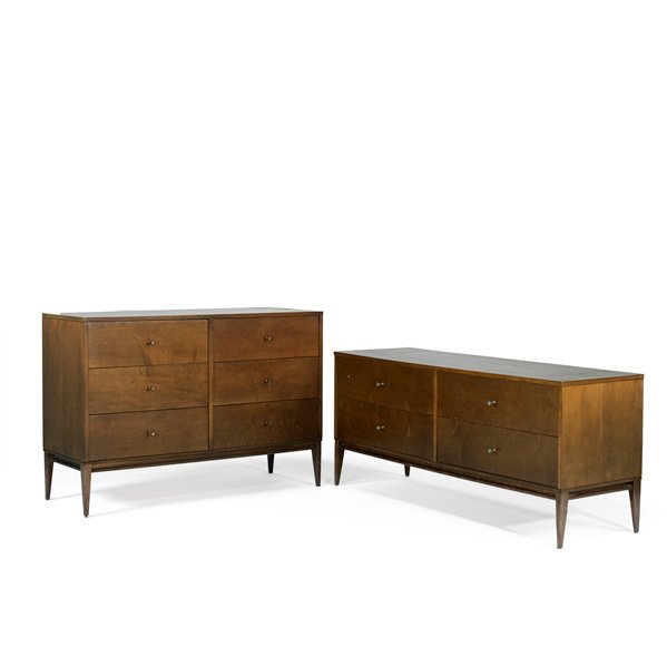 PAUL McCOBB; WINCHENDON: Two Planner Group dressers, USA, 1950s; Stained birch, and brass; Branded; Taller: 33 1/2" x 48" x 18", shorter: 25 1/2" x 60" x 18 1/2"