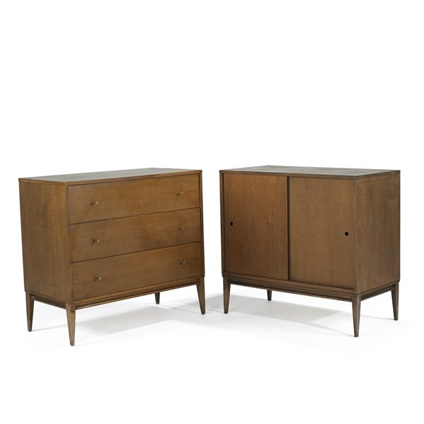 PAUL McOBB; WINCHENDON: Planner Group two-door cabinet and dresser, USA, 1950s; Stained birch and brass: Each: 33 1/2" x 36" x 18"