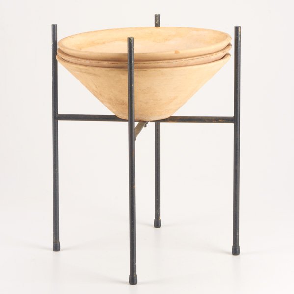 JOHN FOLLIS; ARCHITECTURAL POTTERY: Ceramic and iron planter, USA, 1950s; Unmarked; Overall: 15 1/2" x 13 1/2"