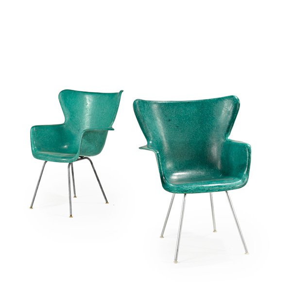 LUTHER CONOVER: Pair of armchairs, USA, 1950s; Molded fiberglass, chromed steel and rubber; Each: 34 1/2" x 27" x 24"