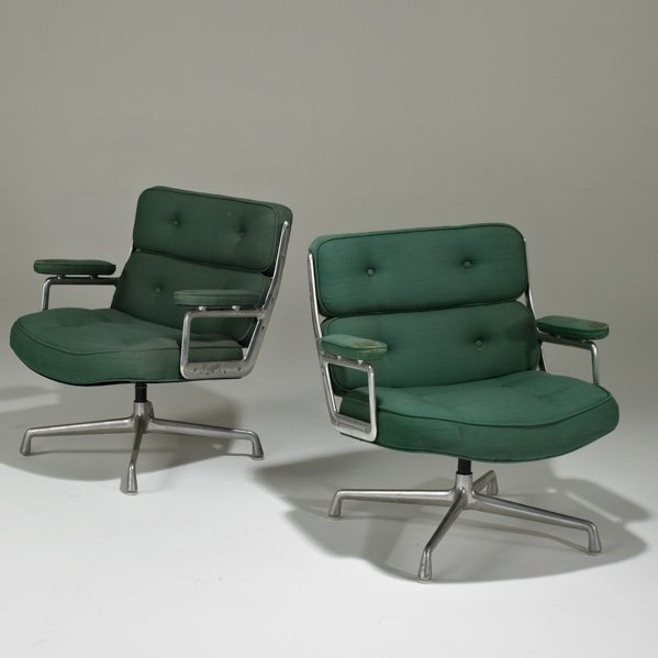 CHARLES AND RAY EAMES; HERMAN MILLER: Pair of Time Life chairs, Zeeland, MI, 1950s; Cast aluminum and upholstery; Paper labels; Each 30 1/2" x 28 1/2" x 28"