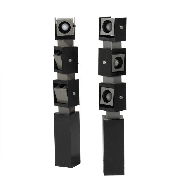 IRVING RICHARDS; ARTELUCE-RAYMOR: Pair of floor lamps, Italy, 1960s; Painted metal and chromed steel; Stamped; Each: 38 1/2" x 5 3/4" sq.