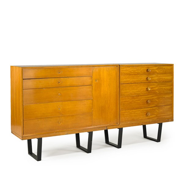 GEORGE NELSON; HERMAN MILLER: Two Primavera cabinets with two slat benches, Zeeland, Michigan, 1950s; Bleached mahogany, birch and ebonized wood; Foil labels; Each: overall: 48” x 96” x 18 ½”, 14"