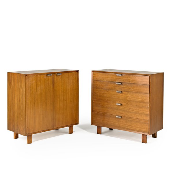 GEORGE NELSON; HERMAN MILLER: Two cabinets, Zeeland, MI, 1950s; Walnut and zinc-plated metal; Foil labels; Each: 40" x 40" x 19 1/2"