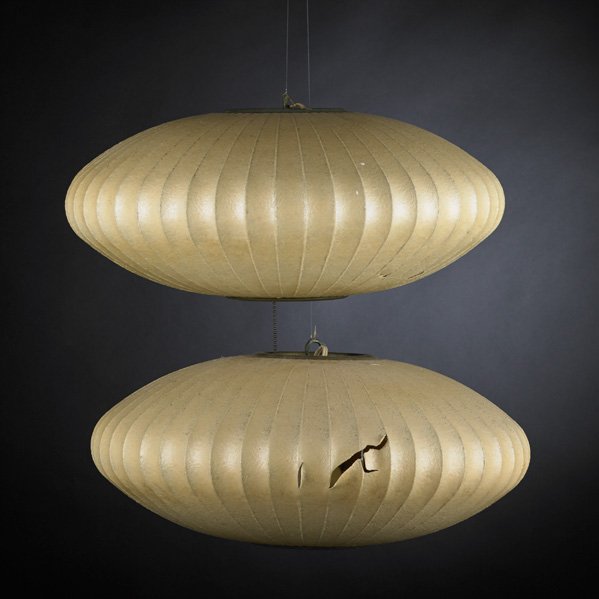 GEORGE NELSON; HOWARD MILLER: Pair of bubble lamps, USA, 1950s; Latex and nickel-plated metal; Unmarked; Each: 7 1/2" x 18" dia.
