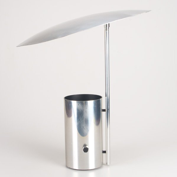 GEORGE NELSON; KOCH & LOWY: Half-Nelson table lamp, USA, 1960s; Enameled aluminum and chromed steel; Stamped OMI TYP 294 A; Overall: 18" x 15 1/2" dia.