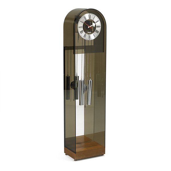 GEORGE NELSON; HOWARD MILLER: Tall clock (model 677), Zeeland, Michigan, 1970s; Smoked acrylic, chrome, walnut and aluminum; Labeled; 56" x 13" x 9"
