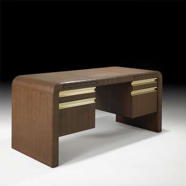 KARL SPRINGER: Desk, USA, 1982; Printed leather, anodized aluminum; Leather label, Karl Springer 1982; 29" x 64" x 28"