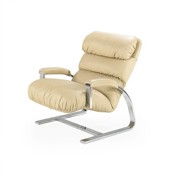 BRUETON: Cantilevered lounge chair, New York,1970s; Leather and chromed steel; Unmarked; 36" x 30" x 36"