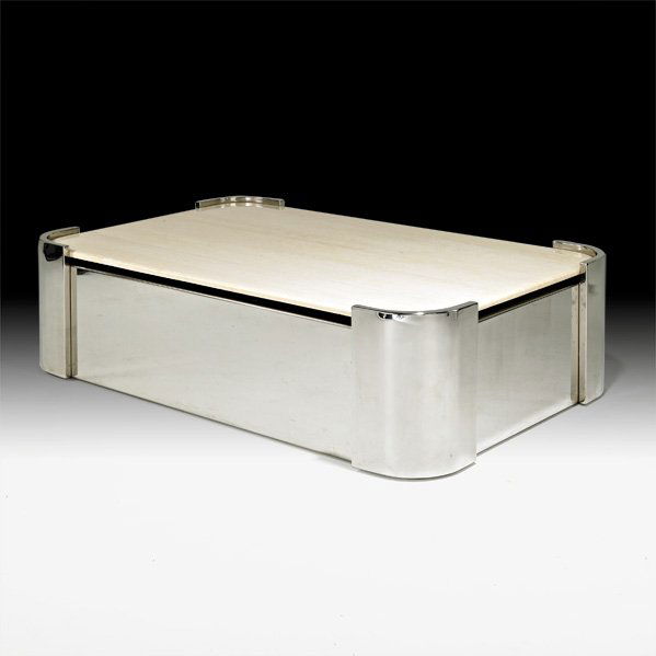 PACE: Coffee table, USA, 1980s; Polished stainless steel, travertine; Unmarked; 17" x 62" x 40 1/4"