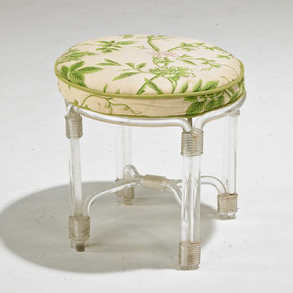 PAUL LASZLO: Lucite stool with quilted upholstery, USA, 1960s; Unmarked; 18 1/2" x 19" dia.