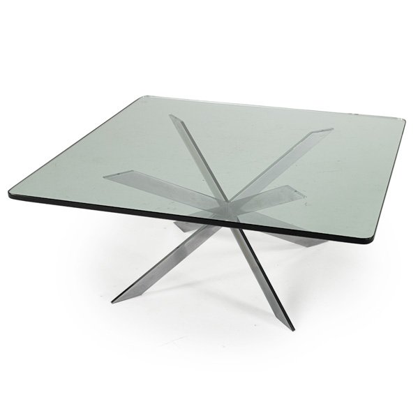 LEON ROSEN; PACE: Coffee table, USA, 1970s; Glass and chromed steel; Unmarked; 18 1/4" x 42" sq.