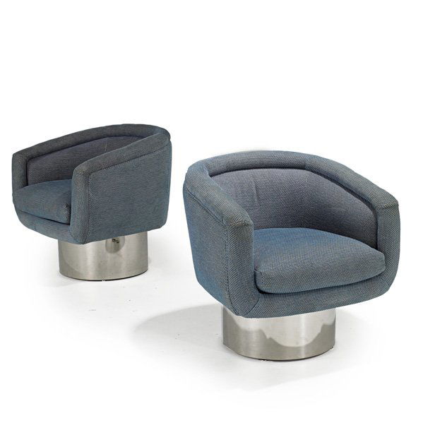 LEON ROSEN; PACE: Pair of club chairs. USA, 1970s; Wool and polished steel; Unmarked; Each: 31" x 30 1/2" x 29"