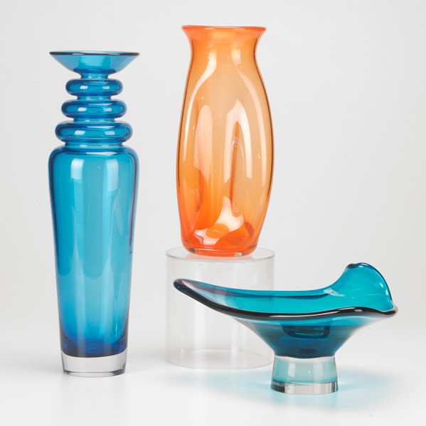 ART GLASS: Three pieces: Young & Constantin ribbed vase, James Carcass dimpled vase and unmarked bowl; ca.1990s; Two signed; Tallest: 14"