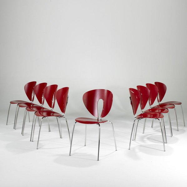 JESUS GASCA; STUA: Set of nine Gloubus dining chairs, Spain, 2000s; Analine dyed plywood, chromed steel, aluminum and plastic; Labeled; 32 1/2" x 18" x 20"