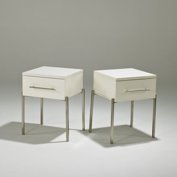 CONTEMPORARY: Pair of nightstands, ca. 2000; Lacquered wood and chromed steel; Unmarked; Each: 24" x 17" x 18"