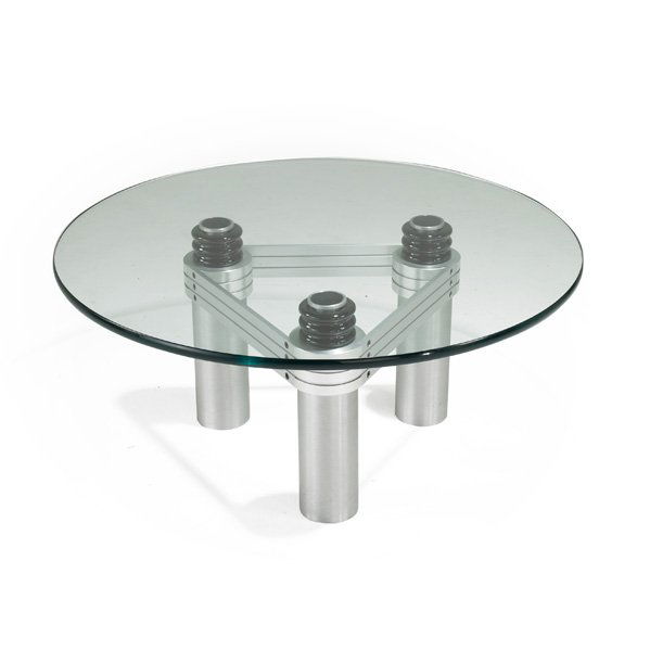 KAISER NEWMAN: Coffee table, Philadelphia, PA, 1990s; Aluminum, glass and porcelain; Unmarked; 16" x 36" dia.