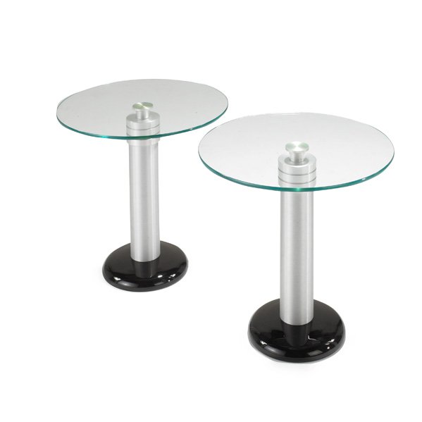 KAISER NEWMAN: Pair of side tables, Philadelphia, PA, 1990s; Aluminum, glass and porcelain; Unmarked; Each: 19" x 20" dia