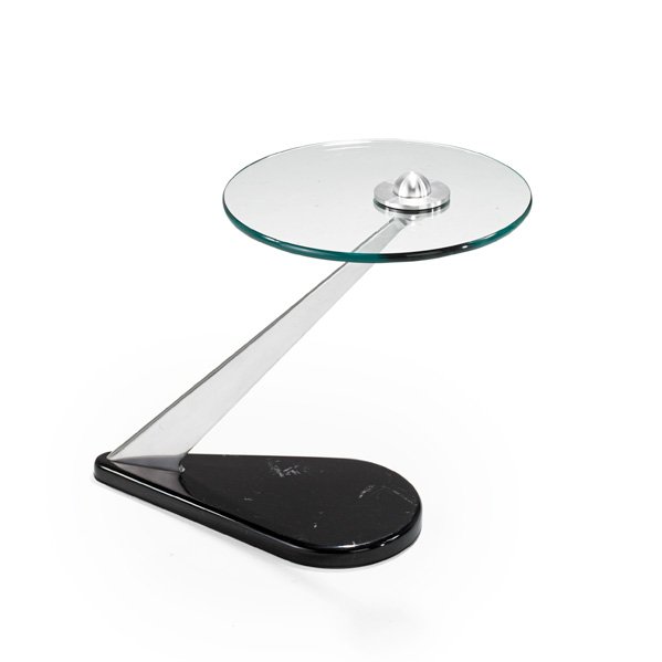 KAISER NEWMAN: Drinks table, Philadelphia, PA, 1990s; Aluminum, marble and glass; Unmarked; 22" x 26" x 16"