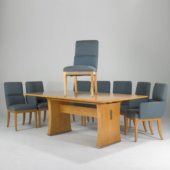 JAY SPECTRE; CENTURY: Dining table and eight chairs, two-arm, six-side; Elm, brass and upholstery; Labeled; 31" x 80" x 44" , chair: 38: x 20" x 24"