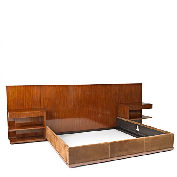 RALPH LAUREN; RALPH LAUREN DESIGN INC.: King-sized bed with headboard extensions and pair of nightstands, New York, 2000s; Mahogany and suede; Metal label; Overall: 48 1/2" x 87" x 143 1/2", each nightstand: 27 1/2" x 30" x 19"