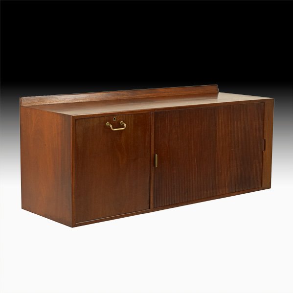 FINN JUHL (Attr.): Custom wall-hanging cabinet, Denmark, 1940s; With one drop-down door, one tambour door, five adjustable shelves, one divided compartment; Mahogany, elm, brass, glass; Unmarked; 20 1/4" x 49 1/4" x 16"