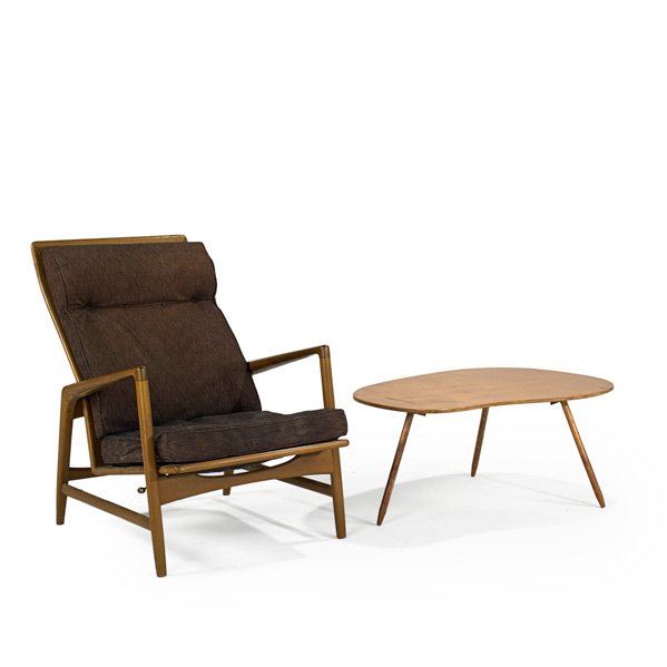 IB KOFOD LARSEN; SELIG: Reclining Lounge chair together with coffee table, Denmark; 1950s; Stained beech, birch and upholstery; Unmarked; Chair: 38" x 29" x 36", coffee table: 16" x 35" x 26"