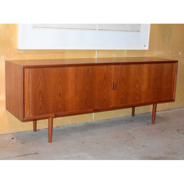 IB KOFOD LARSEN; FAARUP: Teak tambour credenza, Denmark, 1960s; Danish control label; 30 1/2" x 80" x 19 /2"