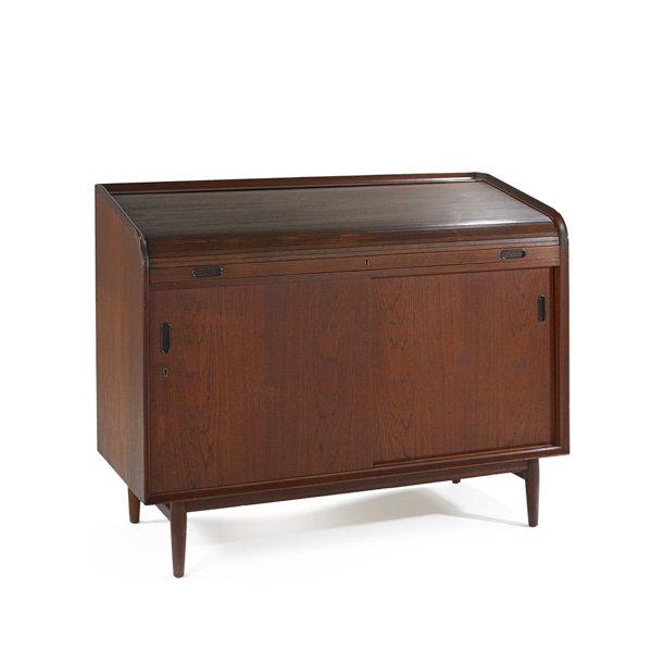 ARNE VODDER (ATTR.): Teak roll-top cabinet, Denmark, 1960s; Unmarked; 38 1/2"x 48" x 45"