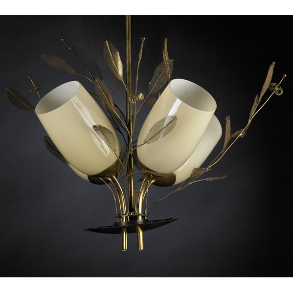 PAAVO TYNELL: Four-light ceiling fixture with floral sprays, Finland, 1950s; Brass, glass; Unmarked; 23 1/2" x 21"