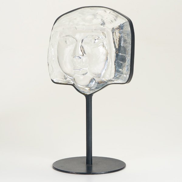 ERIK HOGLUND; KOSTA BODA: Glass face sculpture, in enameled iron frame, Sweden, 1960s; Marked BODA; 10" x 5 1/2" x 4 1/2"