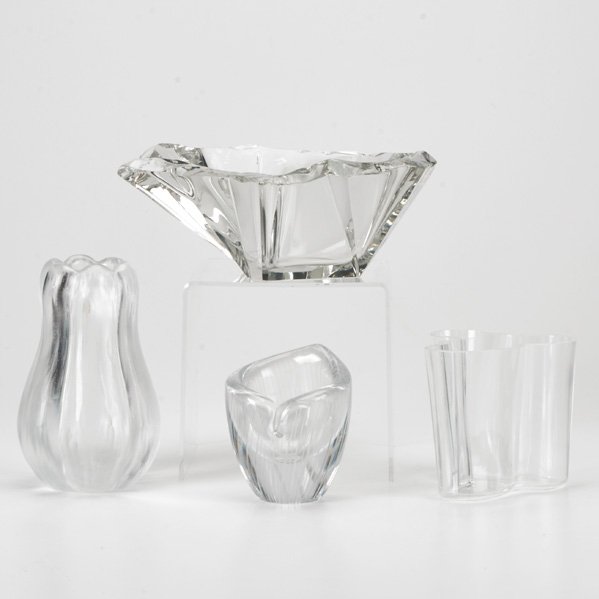 TAPIO WIRKKALA; ALVAR AALTO; IITTALA: Four glass vessels: Iceblock bowl, Lichen vase, line-engraved vase and Savoy vase; Most marked; Tallest: 5 3/4"