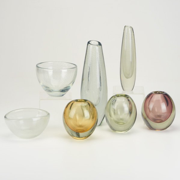 GUNNEL NYMAN; KAJ FRANCK; NUUTAJARVI: Seven glass vessels, most with encased bullicante design; All signed; Tallest: 10 1/2"