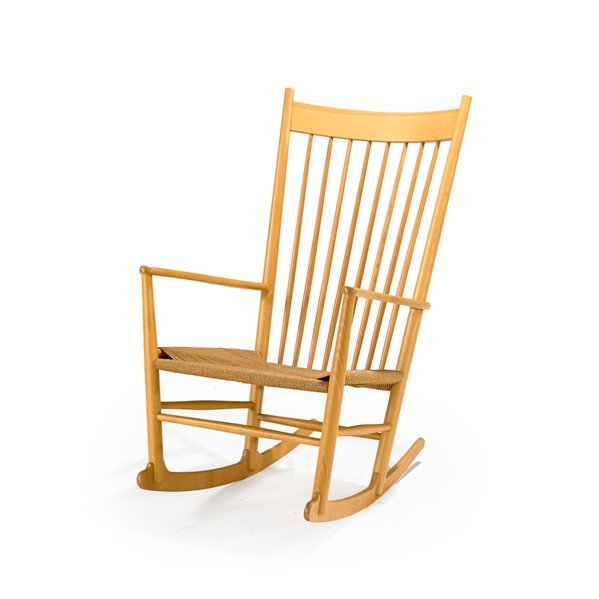 HANS WEGNER: Rocking chair, Denmark, 1970s; Beech and jute; Stamped; 41 1/2" x 25 1/4" x 36"