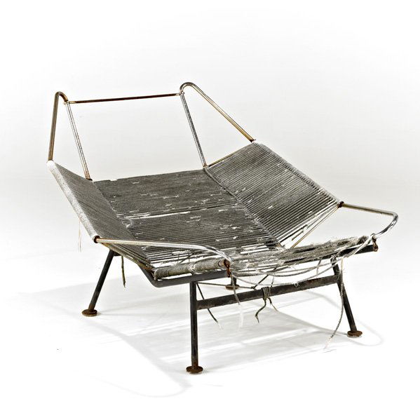 HANS WEGNER; GETAMA: Flag Halyard lounge chair, Denmark, 1950s; As found condition; Chromed and enameled steel, woven cord; Unmarked; 32" x 42" x 46"