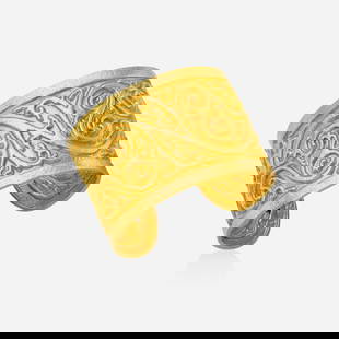 Lalaounis, Gold cuff bracelet: Lalaounis Gold cuff bracelet Of scrolling design 18k yellow gold Signed ilias Lalaounis, with maker's mark Inner circ. 7 in, width 1.75 in; Gross weight 39.6 dwts This work w