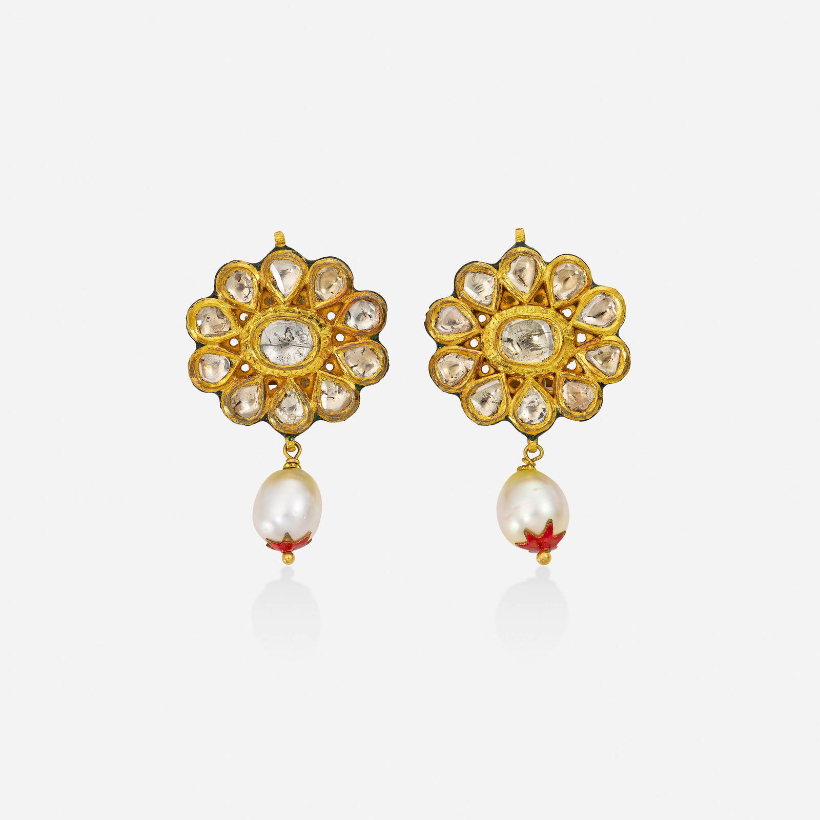 Indian, Diamond, enamel, and cultured pearl earrings (1 of 2)