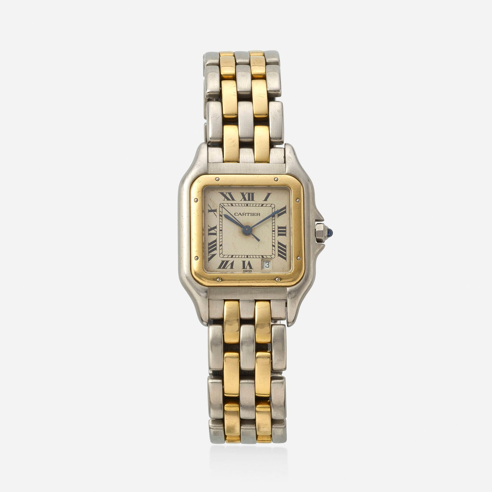 Cartier, 'Panthere' gold and stainless steel wristwatch, Ref. 183949: Cartier 'Panthere' gold and stainless steel wristwatch, Ref. 183949 With Roman numeral hours and date function Dial: Champagne Movement: Quartz Case material: 18k yellow gold and stain