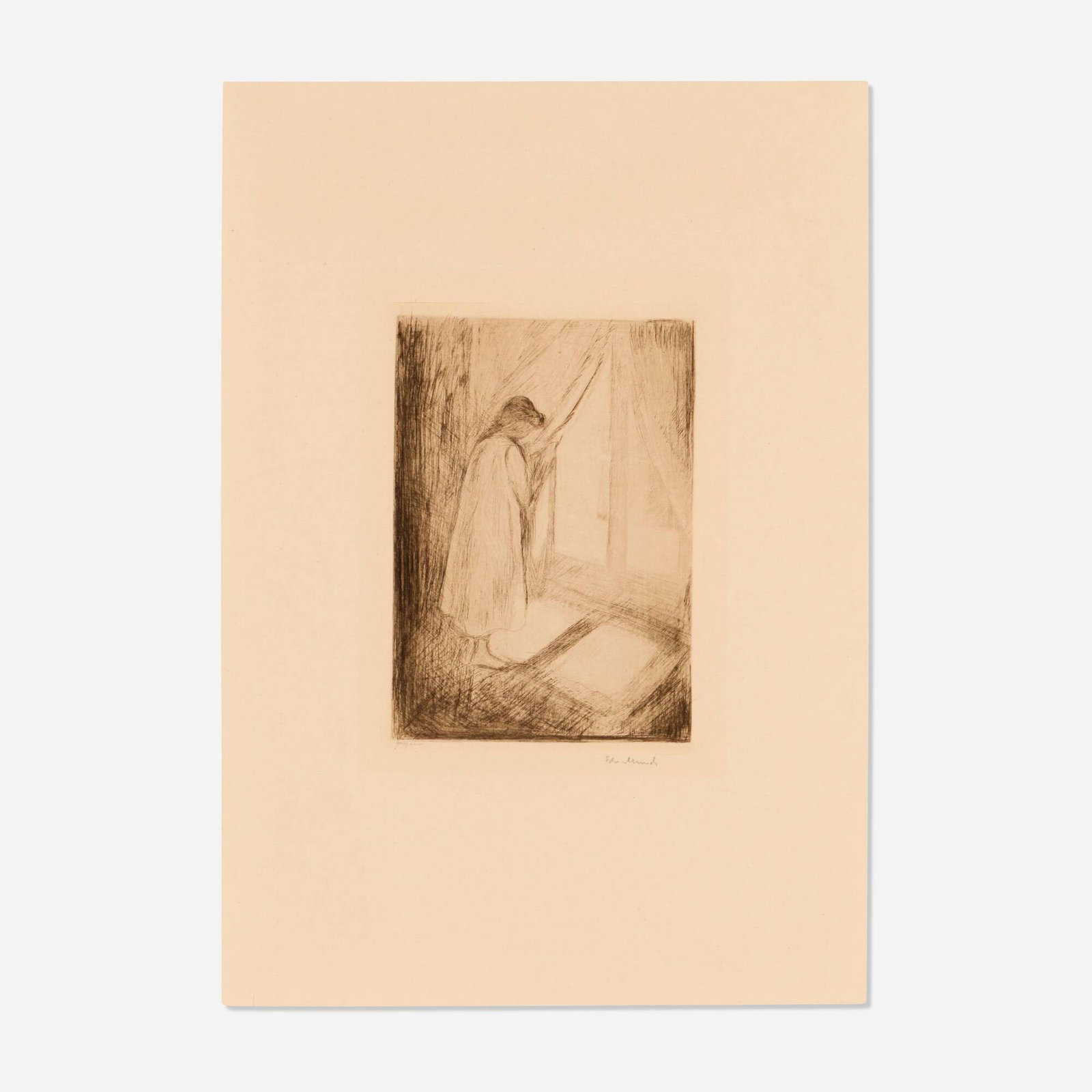 Edvard Munch, Girl at Window: Edvard Munch Girl at Window 1894drypoint, roulette and burnishing image: 8.50 h x 6 w in (22 x 15 cm) sheet: 17.375 h x 12.25 w in (44 x 31 cm) Signed to lower edge by the artist and printe