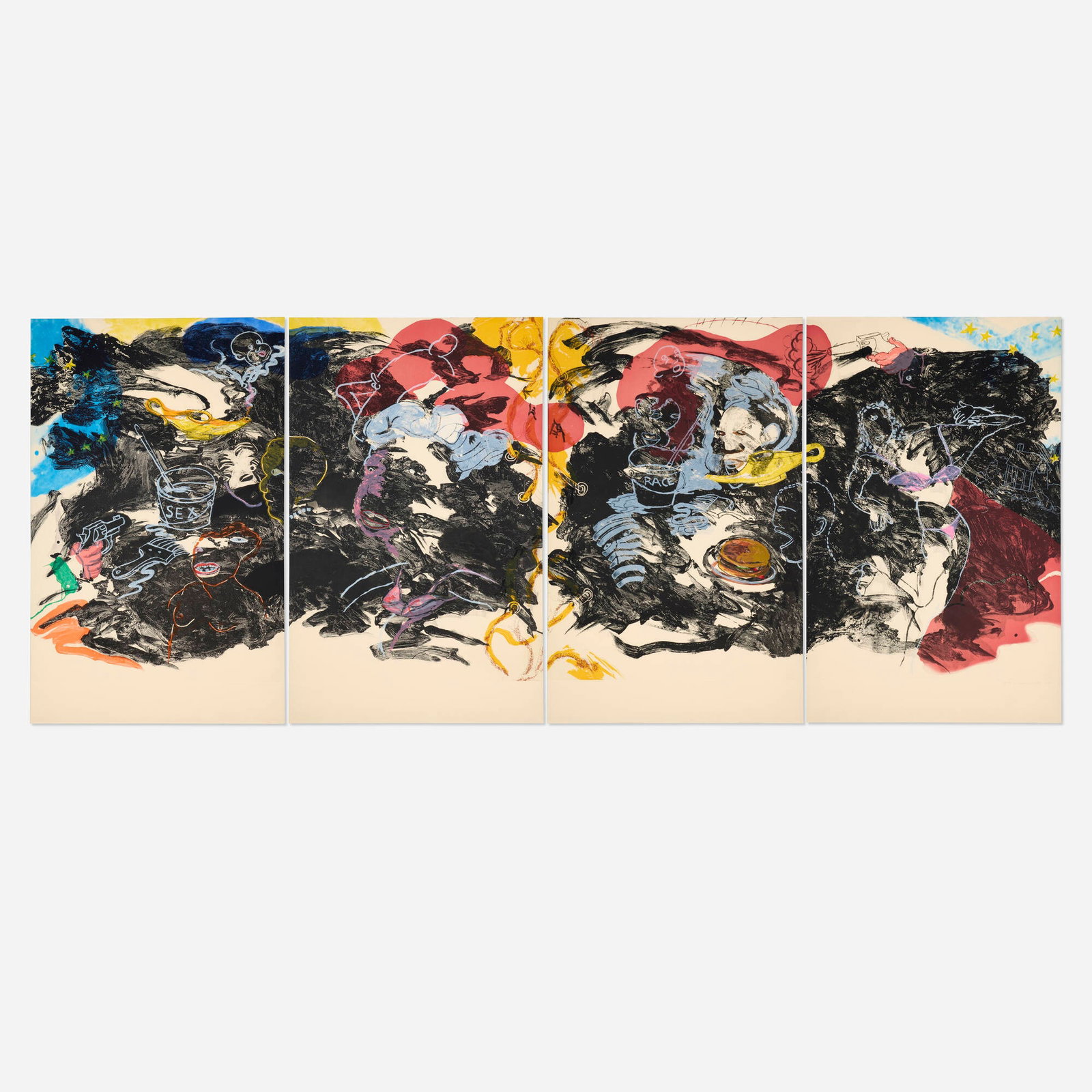 Robert Colescott, Pontchartrain (quadriptych): Robert Colescott Pontchartrain (quadriptych) 1997sugar lift and spit bite aquatint in colors with etching and drypoint image (each): 41.5 h x 29.325 w in (105 x 74 cm) sheet (each): 46.25 h x 29.3