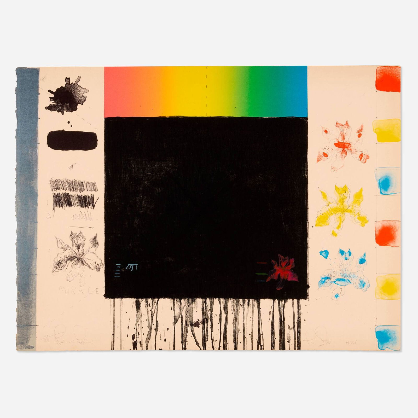 Pat Steir, Roll Me a Rainbow: Pat Steir Roll Me a Rainbow 1974lithograph in colors 22 h x 29.375 w in (56 x 75 cm) Signed, titled, dated and numbered to lower edge '27/35 Roll Me a Rainbow Pat Steir 1974'. This work is num