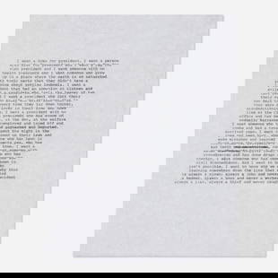 Zoe Leonard, I want a president: Zoe Leonard I want a president 1992 / 2018ink on onion skin paper 11 h x 8.5 w in (28 x 22 cm) This work is from the edition of 100 published by Hauer & Wirth, New York. Sold with artist-issue